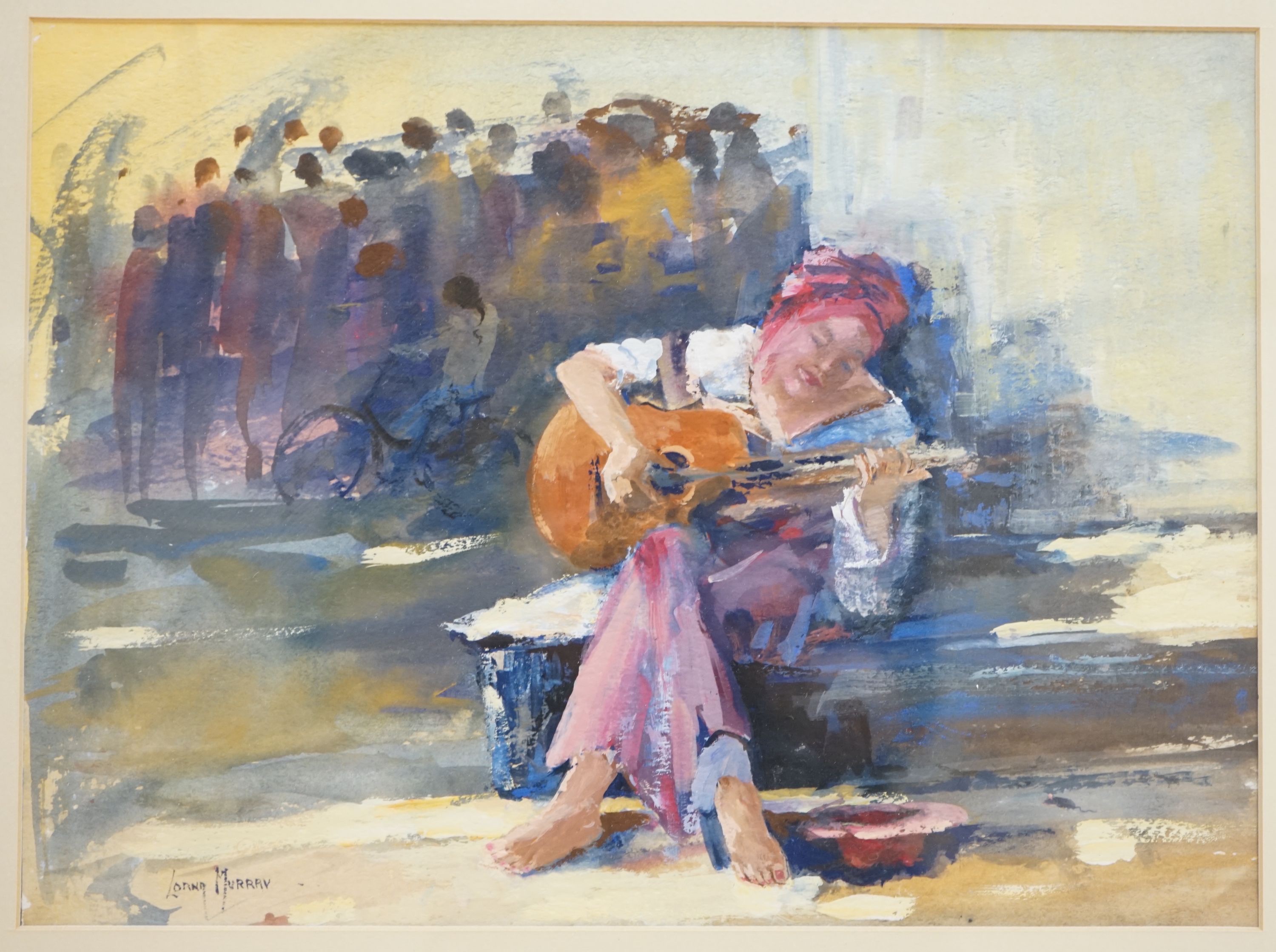 Lorna Murray, gouache on paper, Street musician, signed, 27 x 37cm